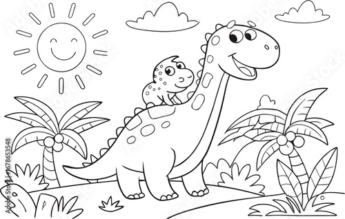 Cute cartoon illustration of a happy mother dinosaur carrying her baby on her back in a prehistoric landscape with palm trees and a smiling sun
