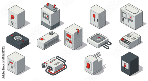 Isometric industrial control units with retro design elements