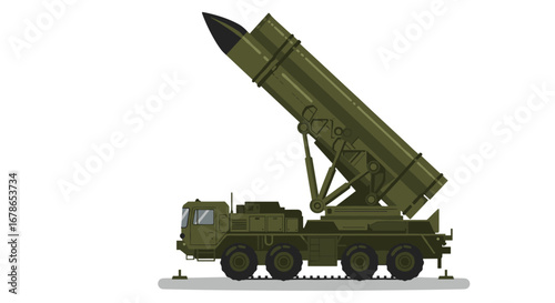 Military missile launcher vehicle side view in flat style
