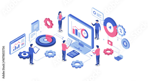 Collaborative teamwork in data analysis with isometric charts and diagrams