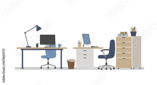 Modern office workspace with desk, computer, and chairs in flat minimalist design