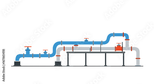 Industrial pipeline with valves and supports in flat design