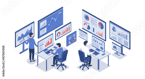 Wallpaper Mural Team analyzing business data on multiple monitors in modern isometric office setting Torontodigital.ca