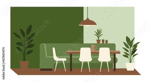 Modern minimalist dining room with green sofa and indoor plants in flat design