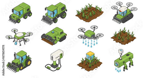 Futuristic agricultural equipment and technology in isometric style