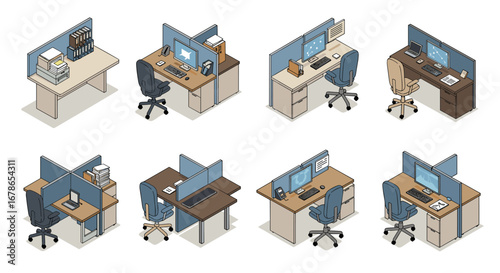 Office cubicles with modern computer setups in isometric view