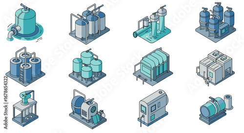Isometric industrial water treatment systems and equipment set for efficient filtration