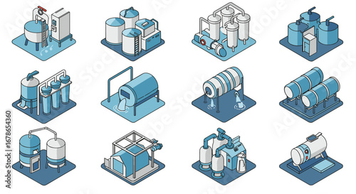 Isometric industrial equipment icons: tanks and reactors in modern blue tones