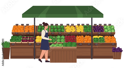 Woman shopping for fresh produce at outdoor market stand