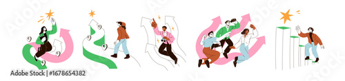 Career growth, progress concept set. Business people walking job path, journey, route with goals, targets. Development way, climbing to success. Flat vector illustration isolated on white background