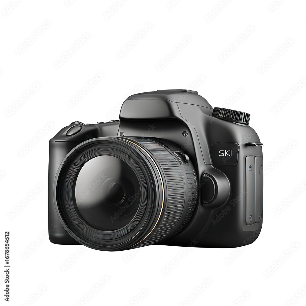 Fototapeta premium Professional black DSLR camera with a large lens, isolated on a white background.