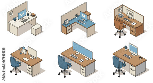 Isometric office desk setups with modern furniture and technology