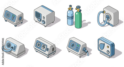 Isometric medical equipment set with respirators and oxygen tanks