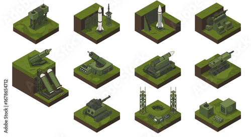 Isometric military base with various missile and radar systems in green landscape