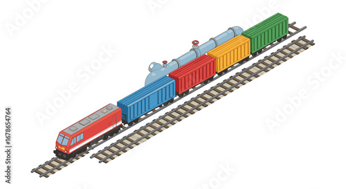 Colorful freight train on tracks with isometric design and cargo containers