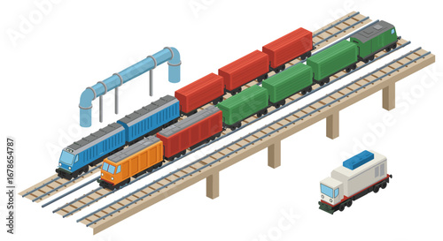 Isometric cargo train with containers on elevated tracks