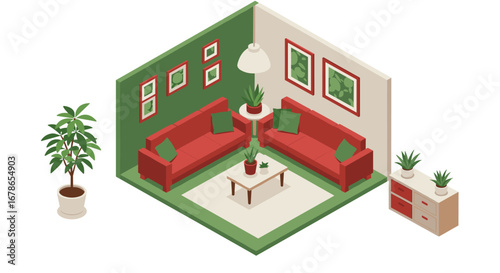 Cozy isometric living room with red sofas and indoor plants in corner setting