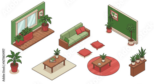 Cozy isometric living room elements with houseplants and modern furniture