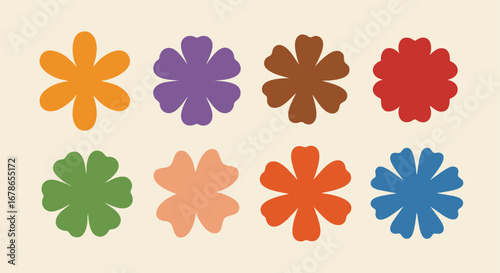 Eight colorful, stylized flower illustrations arranged on a light beige background.