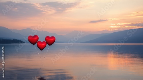 Heart-shaped Balloons Floating on Calm Lake at Sunset Glow