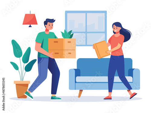 Young couple happily moving boxes into a new home apartment together