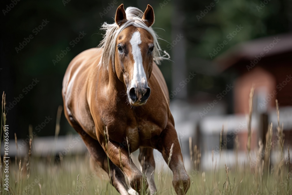 Fototapeta premium A brown horse with a white face spot is running in a field