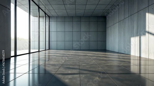 Wallpaper Mural Empty modern room interior with large glass windows, concrete walls, and glossy tiled floor in bright daylight Torontodigital.ca