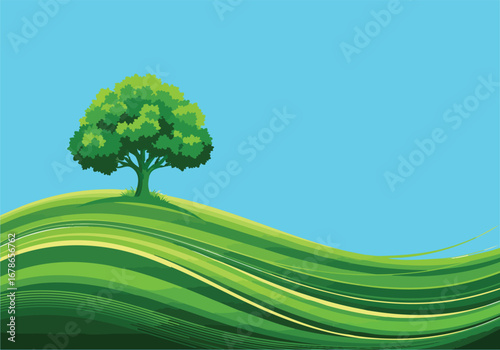 Green Tree on Abstract Wave Hill Background
