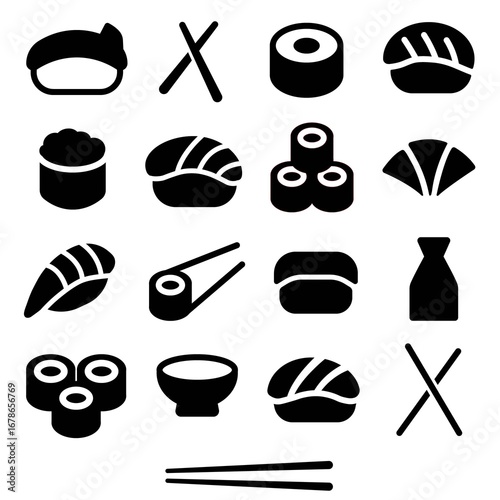Illustration depicting a set of black icons of sushi, rolls and other attributes of Japanese food, on a white background