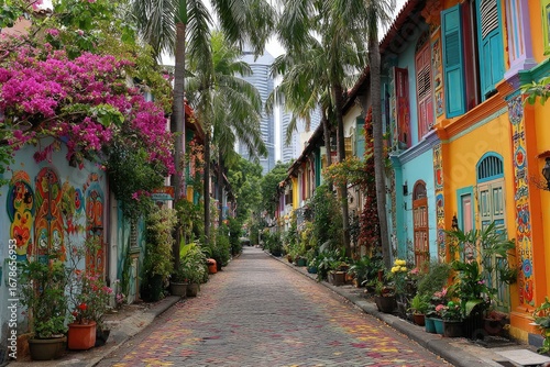Colorful street lined with vibrant houses, lush greenery, and palm trees
