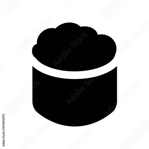 Illustration showing a black icon of sushi, rolls and other attributes of Japanese food, on a white background