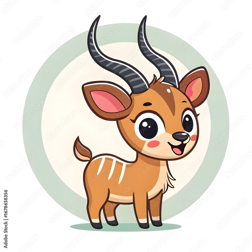Obraz premium Adorable Chibi Baby Kudu Antelope With Spiral Streamer Horns, Kawaii Cute Cartoon Wildlife Calf Character, Whimsical Fantasy Jungle Animal Illustration