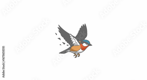 A stylized illustration of a small bird with outstretched wings in mid-flight, featuring a white background and a fragmented effect on its left wing.
