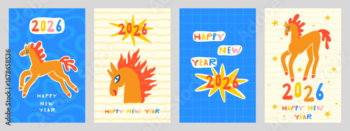 Happy New Year 2026 hand drawn greeting card poster rectangle templates set. Cartoon comic playful trendy handlettering. Cute quirky naive modern style chinese zodiac symbol fire horse illustration