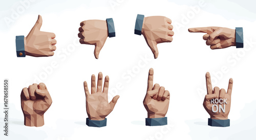 Eight stylized human hands displaying various gestures and hand signs, each with a blue cuff.