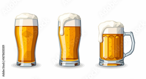 Three glasses of beer, each with a frothy head, stand side-by-side against a clean white background, showcasing different glass shapes and beer foam styles.