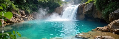 Serene geothermal hot spring, steaming water cascading over rocks, lush green vegetation surrounds the natural pool Ideal for travel, nature, relaxation, and wellness imagery , tranquility, greenery