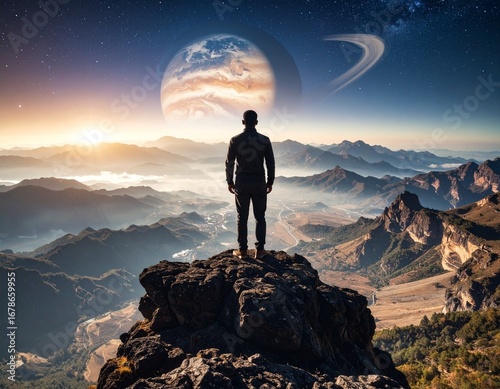 Man on mountain peak gazing at a giant planet and ring system in a surreal sky at sunrise.