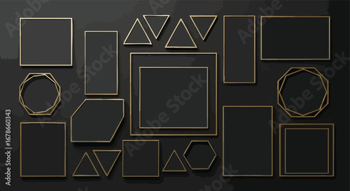 Elegant gold geometric frames arranged on a dark textured background, modern abstract art