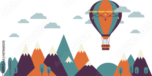 Whimsical hot air balloon drifts over colorful mountains and stylized trees under a cloudy sky