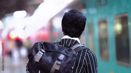 Traveler Waiting at Indian Railway Station with Bag