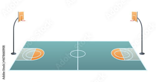 Sunny street basketball court cartoon background. School outdoor playground stadium. Outside sport arena for competition