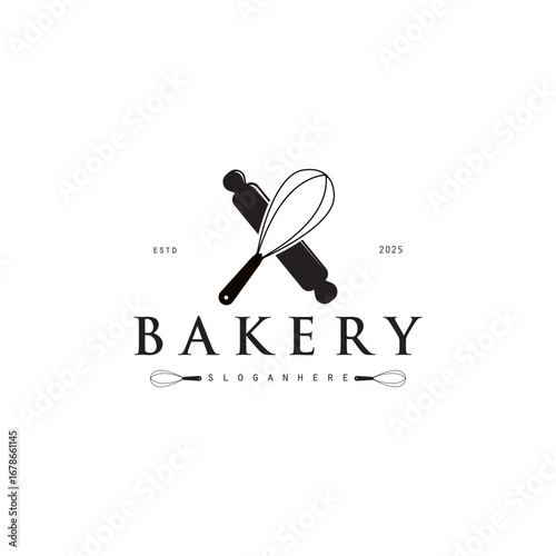 Bakery logo design vector, label bread making production, pretzel bread logo, with rolling pin and whisk