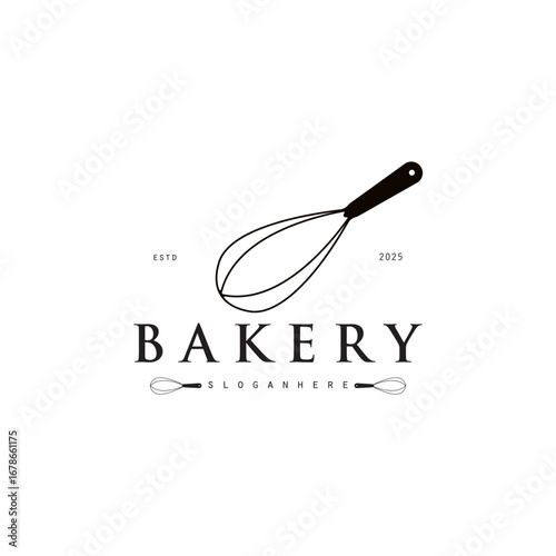Bakery logo design vector, label bread making production, pretzel bread logo, with rolling pin and whisk