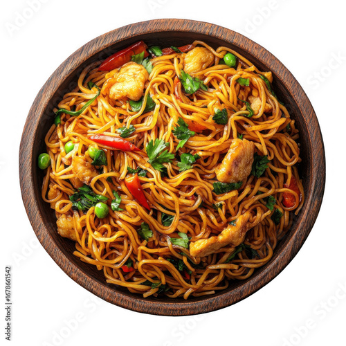 Delicious chicken and vegetable noodles in a wooden bowl a tasty Asian meal