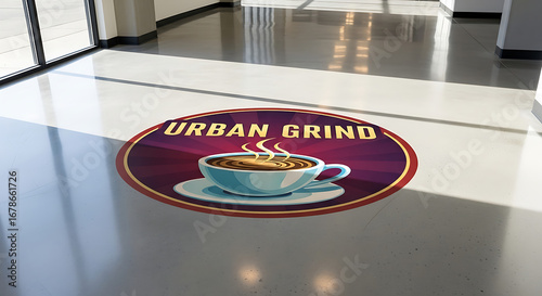Urban grind coffee logo on the floor of a modern building lobby