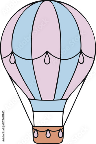 Whimsical pastel hot air balloon floats serenely against a clean white background, evoking adventure and dreams.