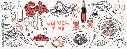 Hand drawn line ink romantic dinner illustrations. Lunch in black and red colors in sketch ink style. Wine, flowers in vase illustrations for wedding party invitations, menus and prints. Romantic date