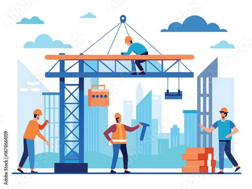 Construction team collaboration building cityscape project with crane and workers