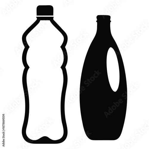 Glass and plastic bottles of various beverages like water, wine, and beer are isolated against a white background